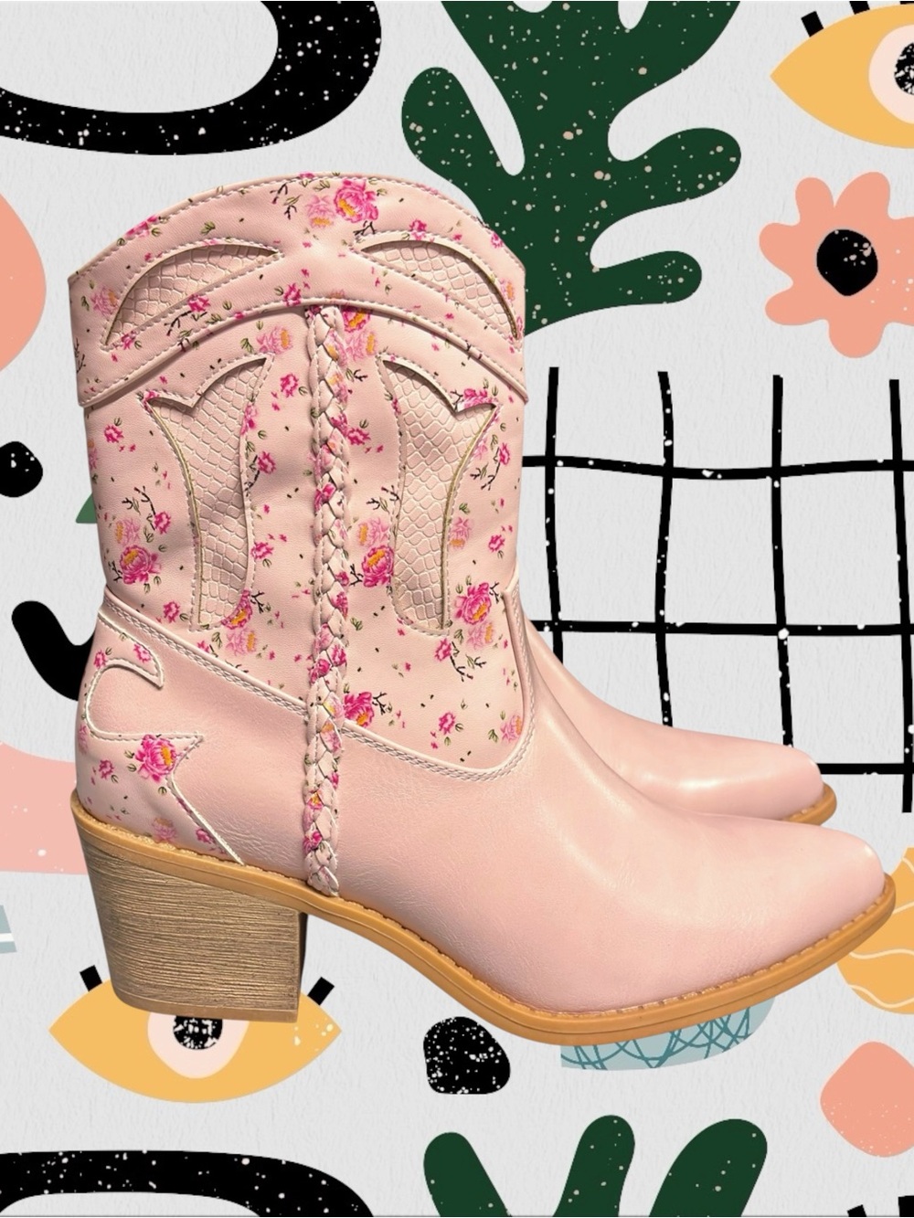 Pierre Dumas | Faux Leather Light Pink Floral Print Heeled Cowboy Ankle Boots